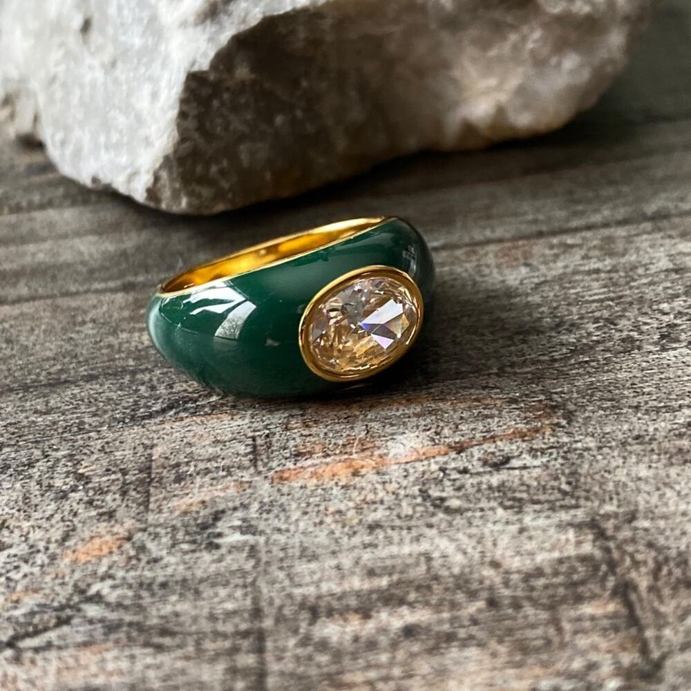 NEW Green Enamel And Rhinestone Cocktail Ring - Picture 12 of 12